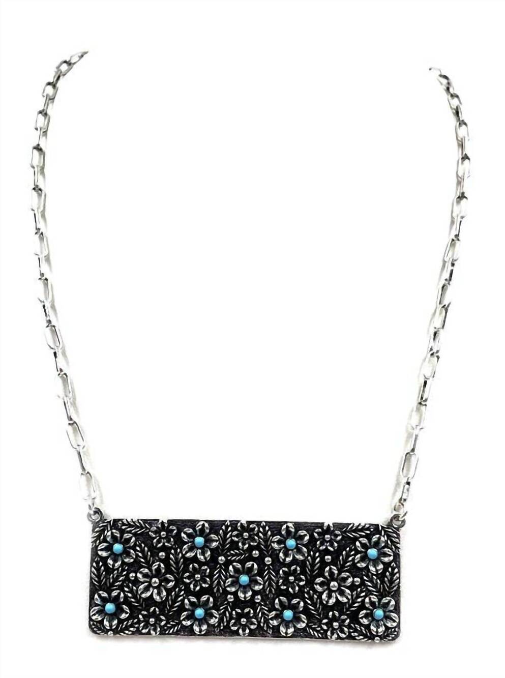 NEW SNOWING WEST women's western flower stone metal plate necklace in turquoise